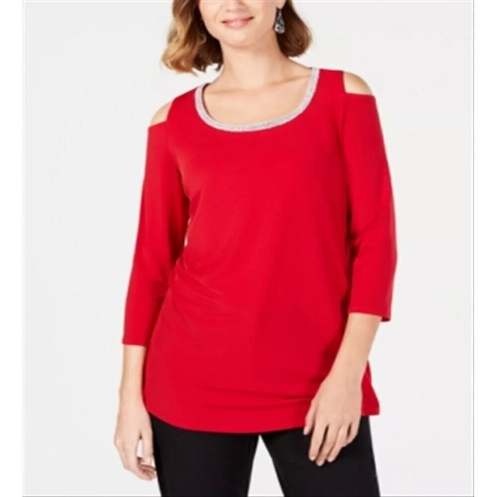 JM COLLECTION Red Cold-Shoulder Studded Knit Top NEW 0X - Picture 8 of 14